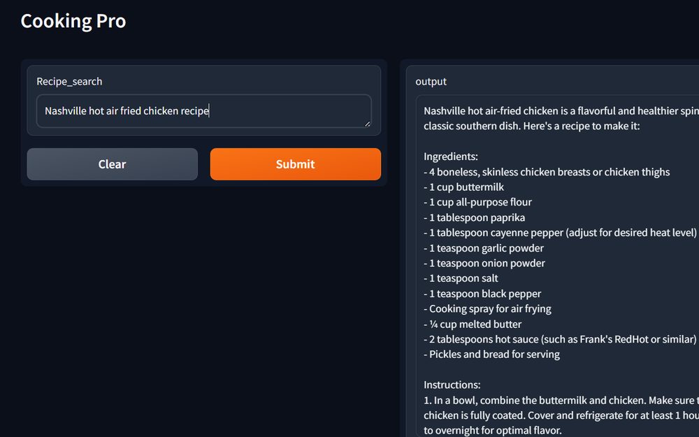 Cooking Pro web app: a recipe search box beside generated ingredients and instructions